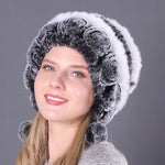 Warm Flowers Striped Real Rex Rabbit Fur Hats