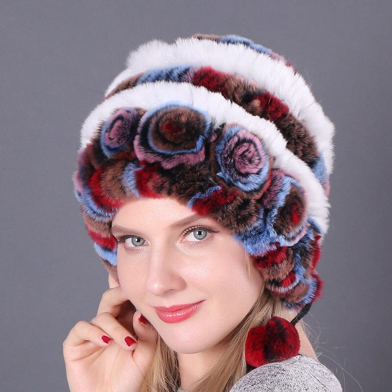 Warm Flowers Striped Real Rex Rabbit Fur Hats