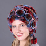 Warm Flowers Striped Real Rex Rabbit Fur Hats