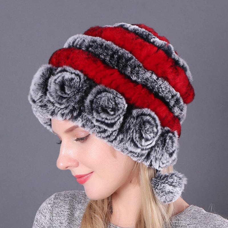 Warm Flowers Striped Real Rex Rabbit Fur Hats