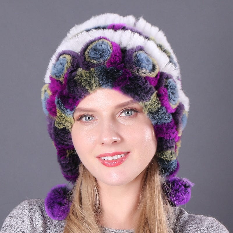 Warm Flowers Striped Real Rex Rabbit Fur Hats