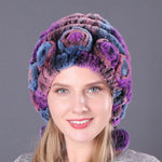 Warm Flowers Striped Real Rex Rabbit Fur Hats